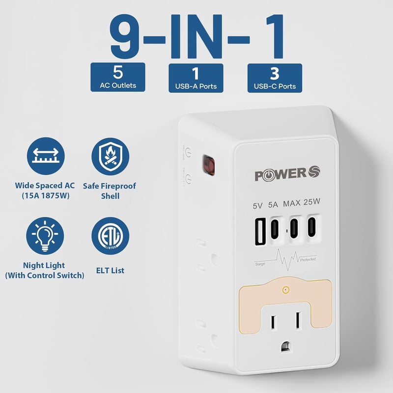 POWERS Electrical Outlet Extender with USB Ports (3C1A), Snug Wall Outlet with Night Light, Surge Protector, Wall Plug Adapter for Multiple Devices, Wall Socket Expander - Image 3